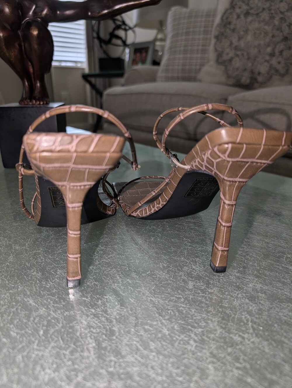 Brown Croc-Embossed Strappy Mid-Heel Sandal - Picture 5 of 7